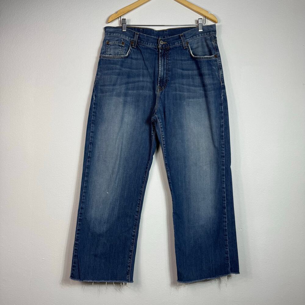 Lucky Brand Dungarees Loose Fit Short Length Jeans Mens 34x27 Blue Raw Hem Baggy